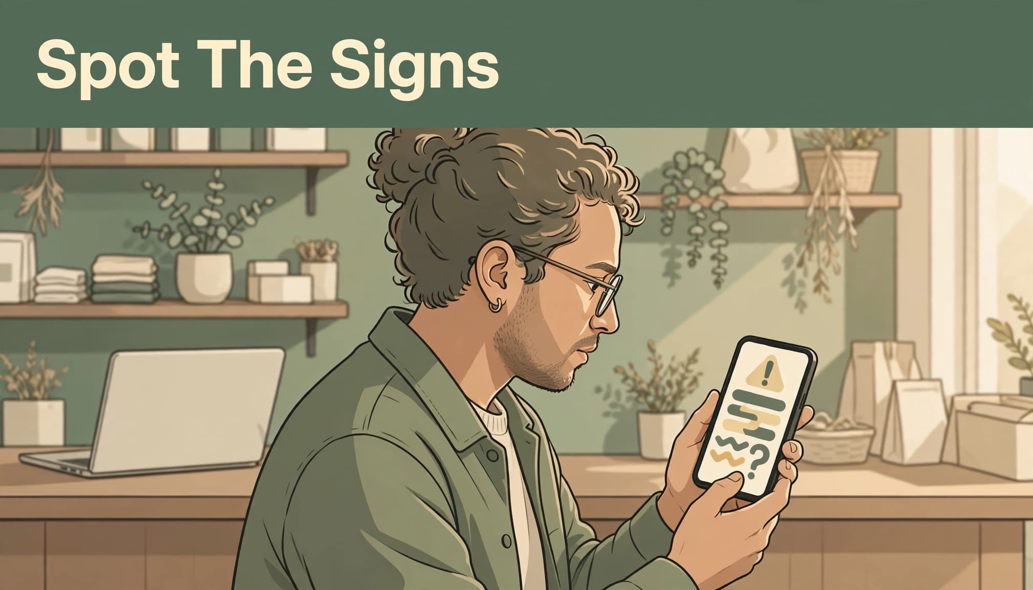 An illustrated person reviews a smartphone with warning signs, under a banner reading