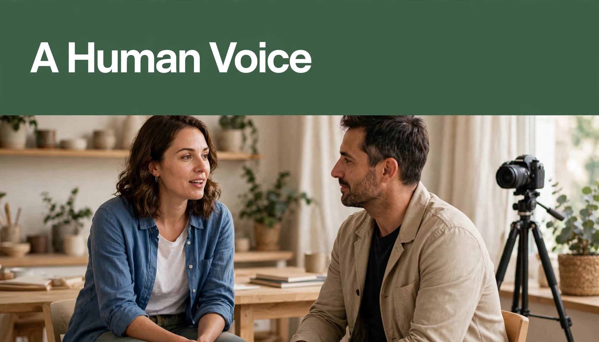 A green banner reads A Human Voice above two adults talking in a studio.