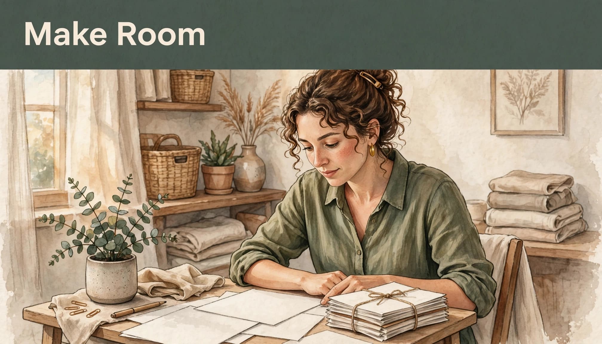 A woman at a desk reviewing papers under a banner reading Make Room.