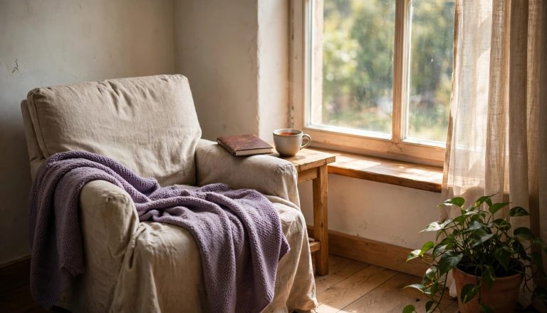 Cozy chair with a purple blanket, journal and tea beside a sunlit window