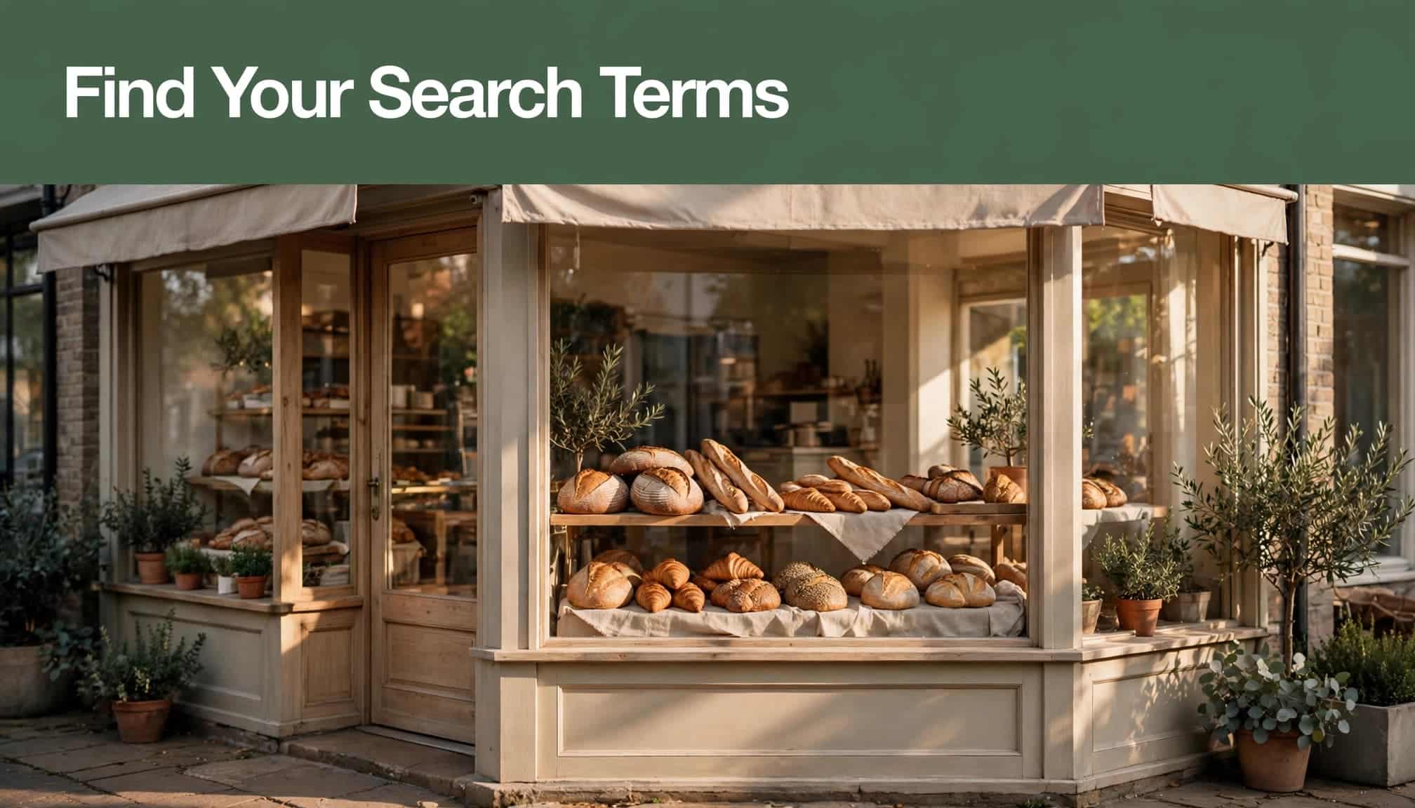 Sunlight falls on bread displayed in a bakery window beneath a green headline banner.