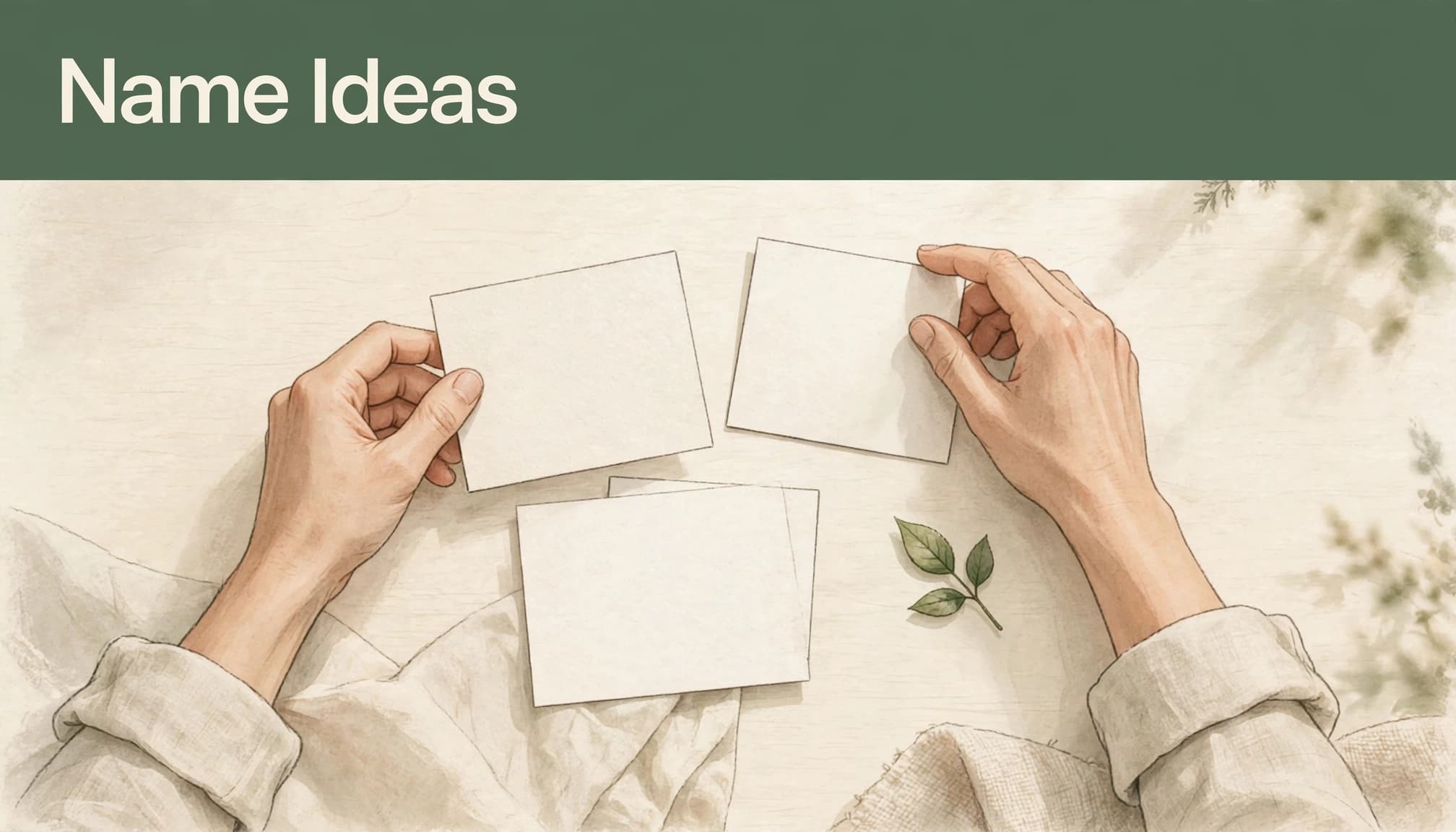 Hands arrange blank paper cards and a leaf on a table under a headline reading