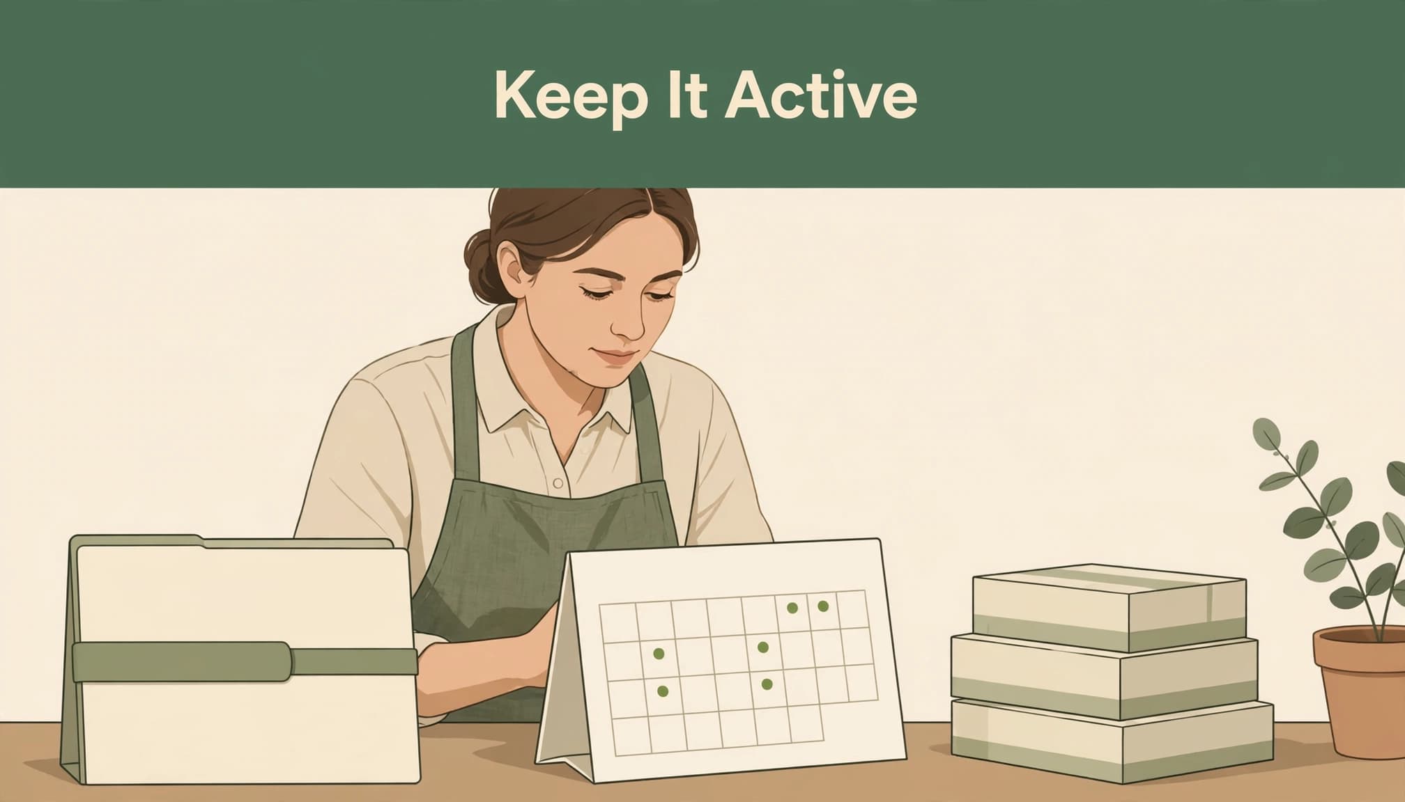 An illustration with headline text reading Keep It Active, showing a woman reviewing a calendar at a desk.