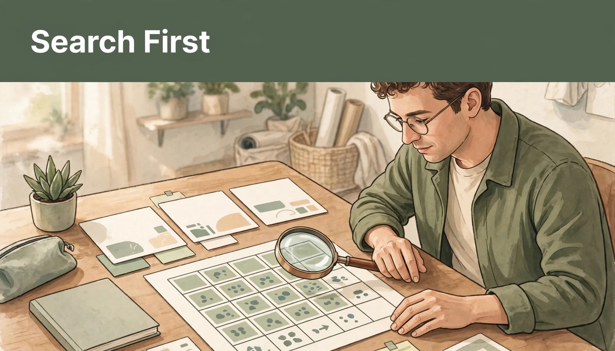 A person using a magnifying glass on a grid with headline text Search First above.