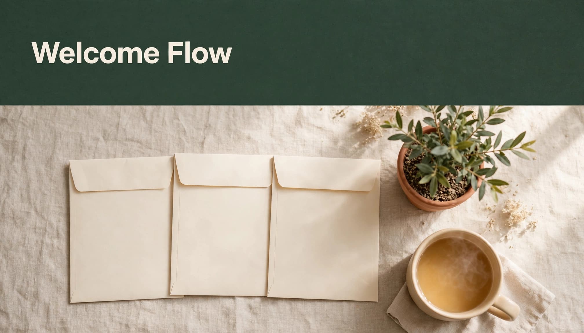 Three cream envelopes sit beside a plant and cup of tea beneath a green headline strip.