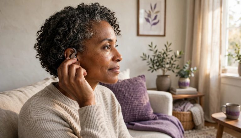 Mature woman adjusting a hearing aid while sitting in a bright living room