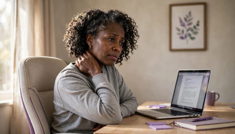 An older woman holding the back of her neck while working at a laptop
