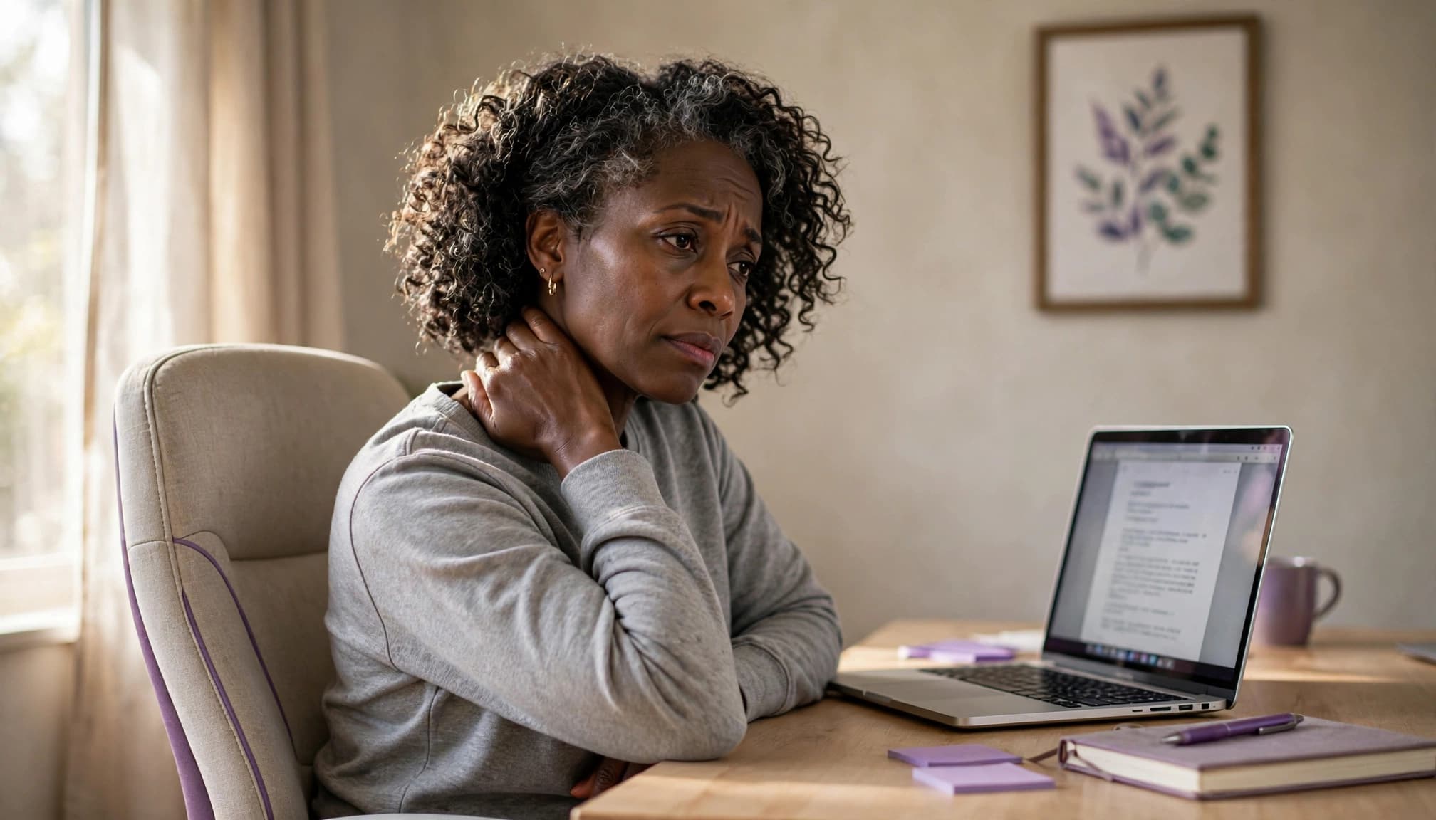 An older woman holding the back of her neck while working at a laptop