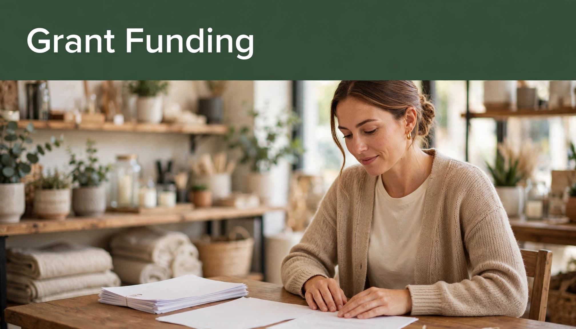 A woman reviews grant application papers under a dark green banner with the text Grant Funding.