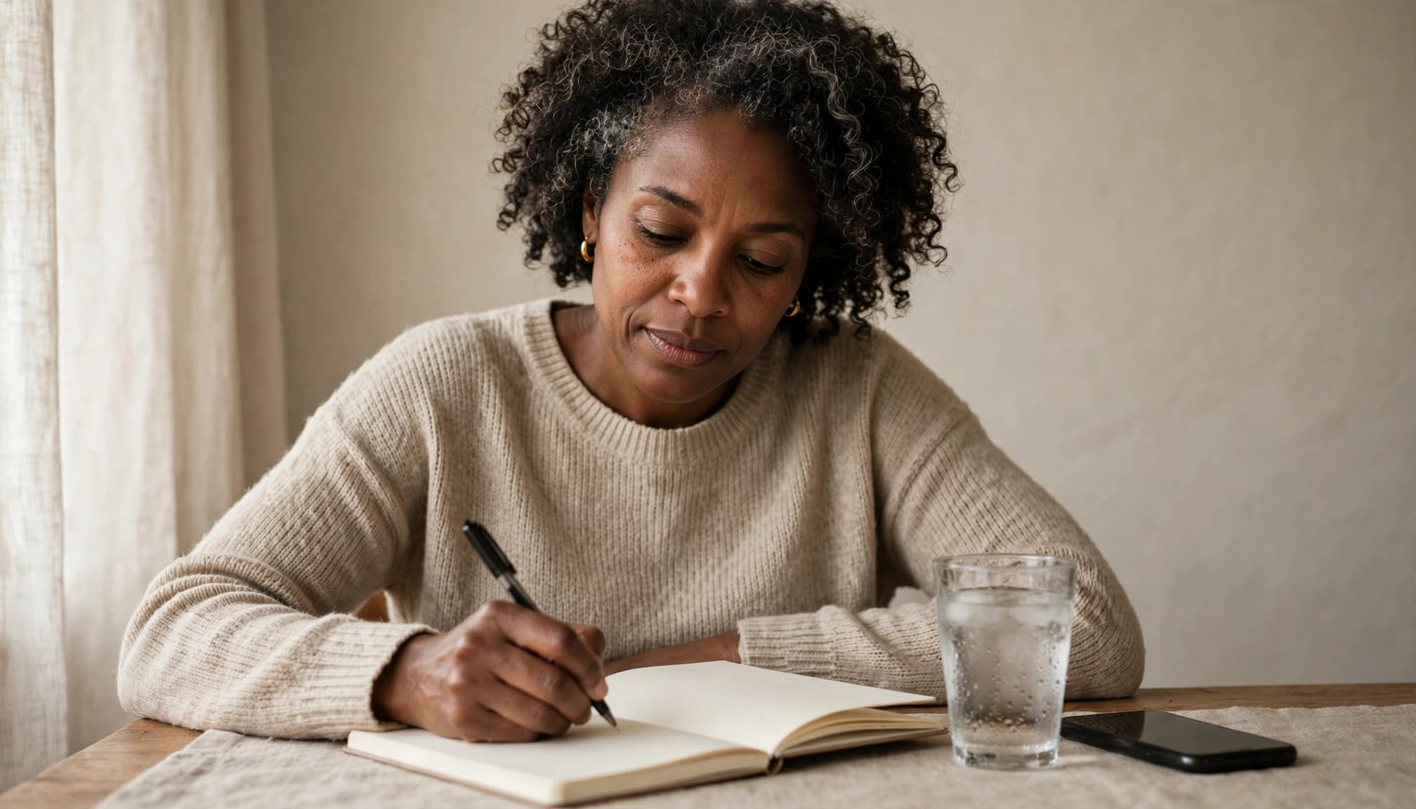 Middle-aged Black woman recording health symptoms in a notebook at home