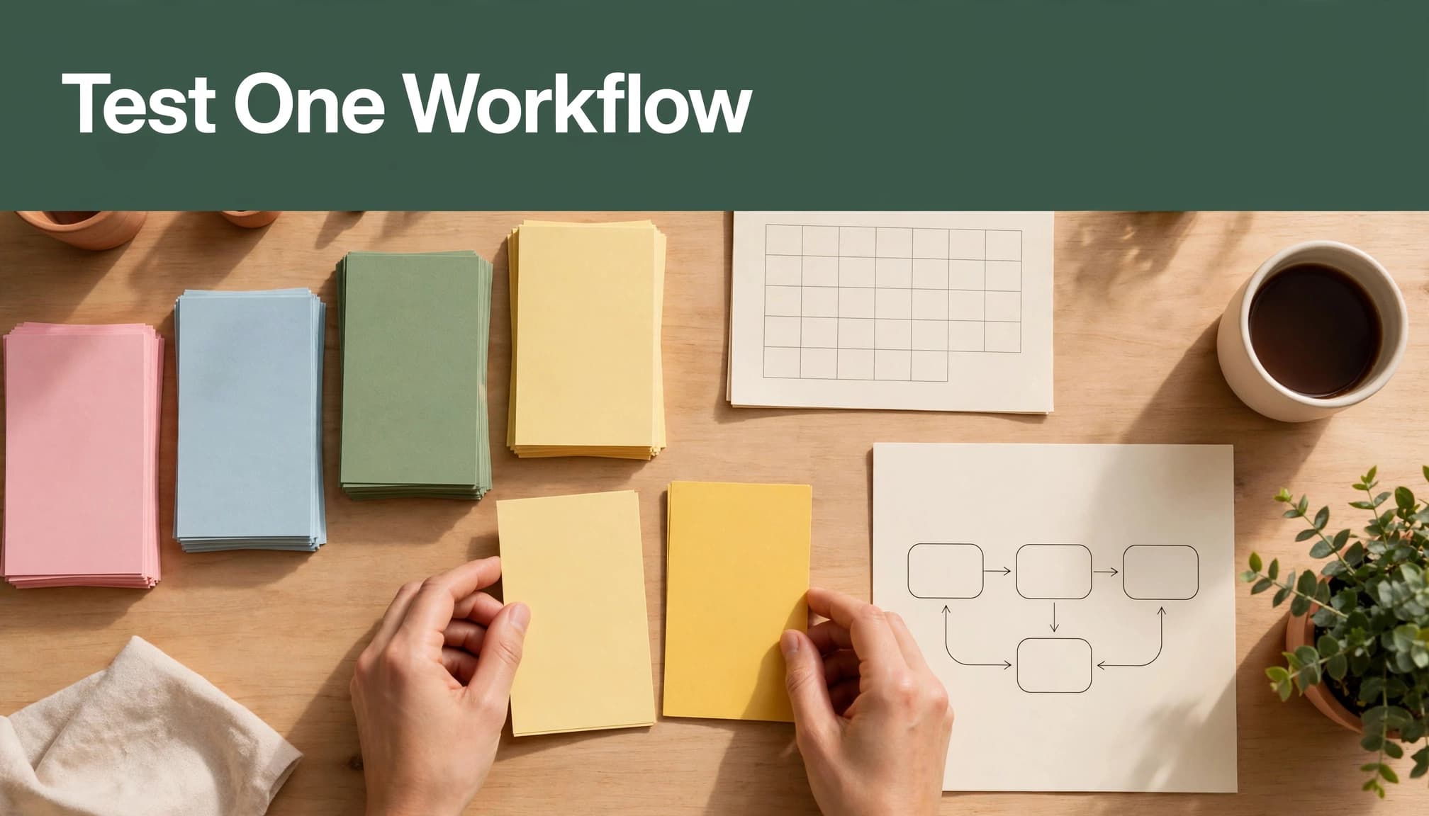 Hands arranging cards on a desk with a headline reading Test One Workflow.