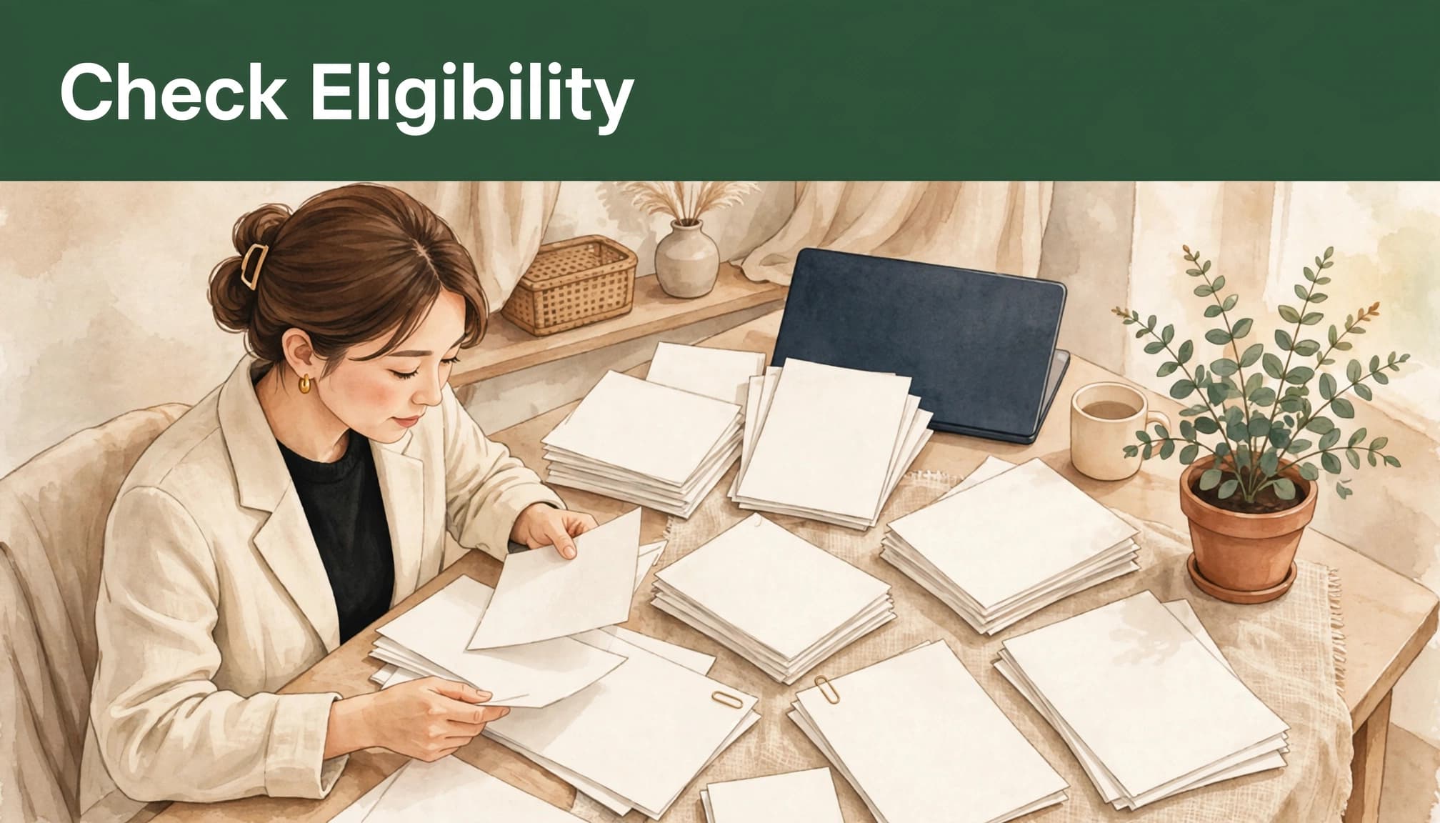 A woman reviewing stacks of documents with the headline 'Check Eligibility' in a green banner at the top.